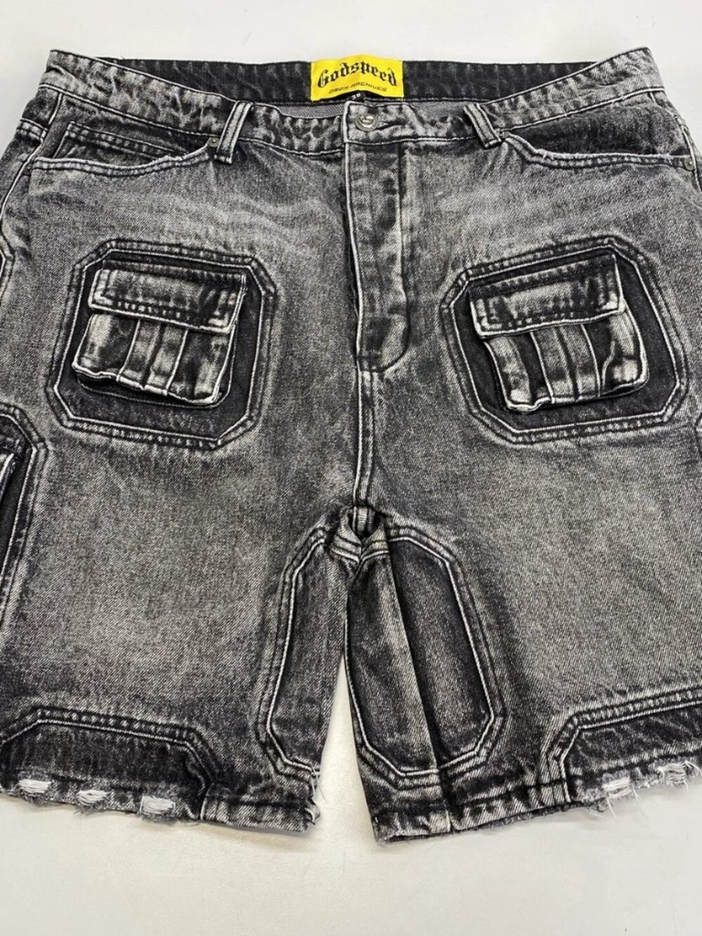 God Speed Mens Short Black Size 38 Octagon Cargo Faded Denim Cotton Distressed